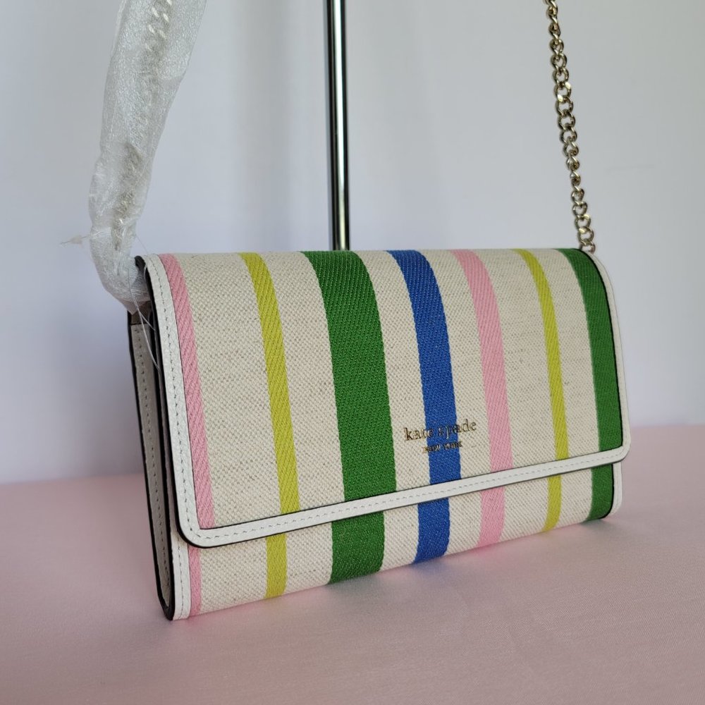 KATE SPADE Bradley Striped Canvas & Leather Large Wallet on Chain Crossbody ⭐ - Picture 3 of 16